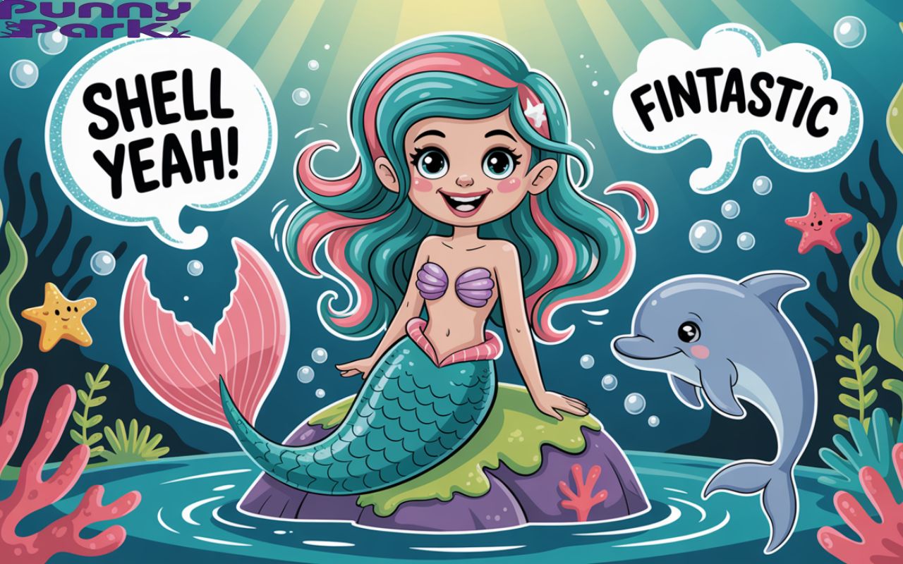 A mermaid with teal and pink hair playfully flipping her tail. The mermaid sits on a rock. Sparkling bubbles drift upwards, playfully displaying the phrases “Shell yeah” and “Fintastic” alongside vibrant coral, starfish, and a dolphin swimming nearby. The scene is set in a magical underwater.