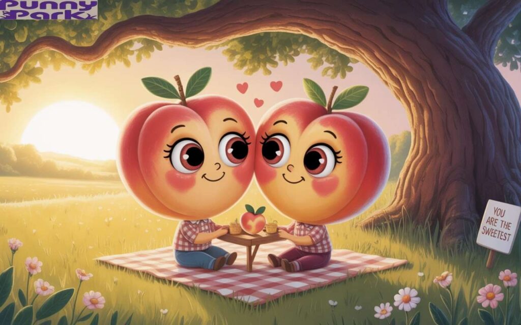 A pair of romantic peaches sharing a peaceful picnic beneath a tree. The peaches are dressed in tiny checkered outfits, seated closely together on a checkered picnic blanket. A gentle sunset bathes the scene in a warm, golden light and a small sign nearby reads "You are the sweetest".