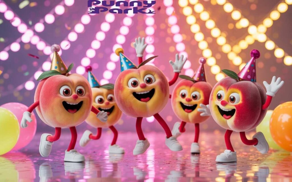 A group of peaches joyfully dancing under disco lights. Each peach is wearing a party hat and a cheerful expression.