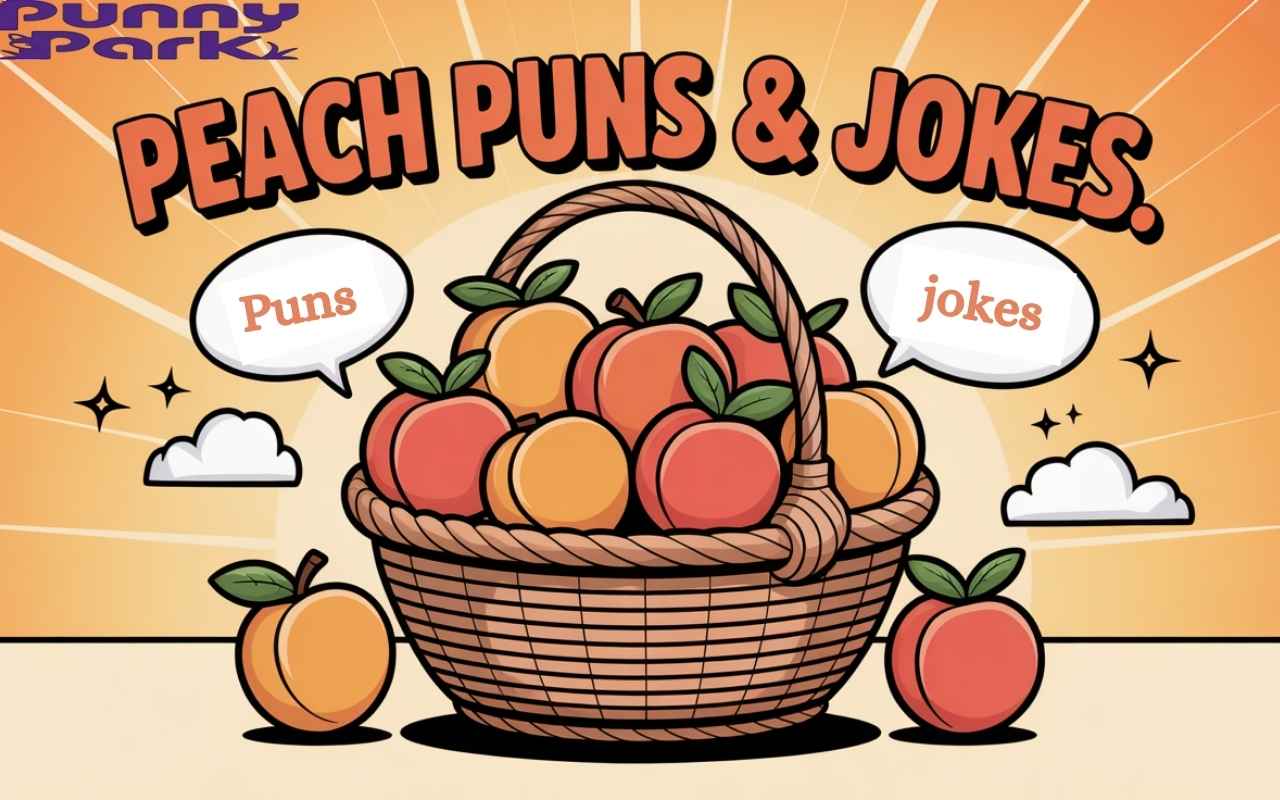 A basket full of peaches with funny cartoon-style speech bubbles with text "puns" and "jokes" written on it, it all sets on a sunny background with playful text saying "Peach Puns & Jokes."