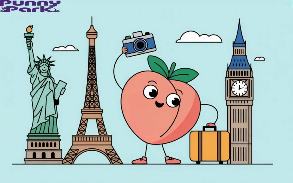 A happy peach carrying a suitcase and camera, posing at famous landmarks like Eiffel Tower, Statue of Liberty, and Big Ben, wanderlust vibes.