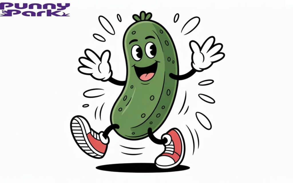 Playful cartoon pickle wearing sneakers and waving its hand, surrounded silly motion doodles for a fun vibe.