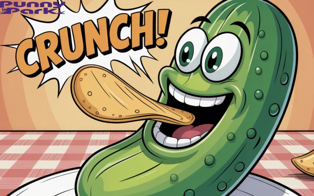 A green character greedily chomping on a crisp.The pickle's mouth is wide open with exaggerated comic sound effects bursting outwards, reading "CRUNCH!" in bold, energetic lettering.