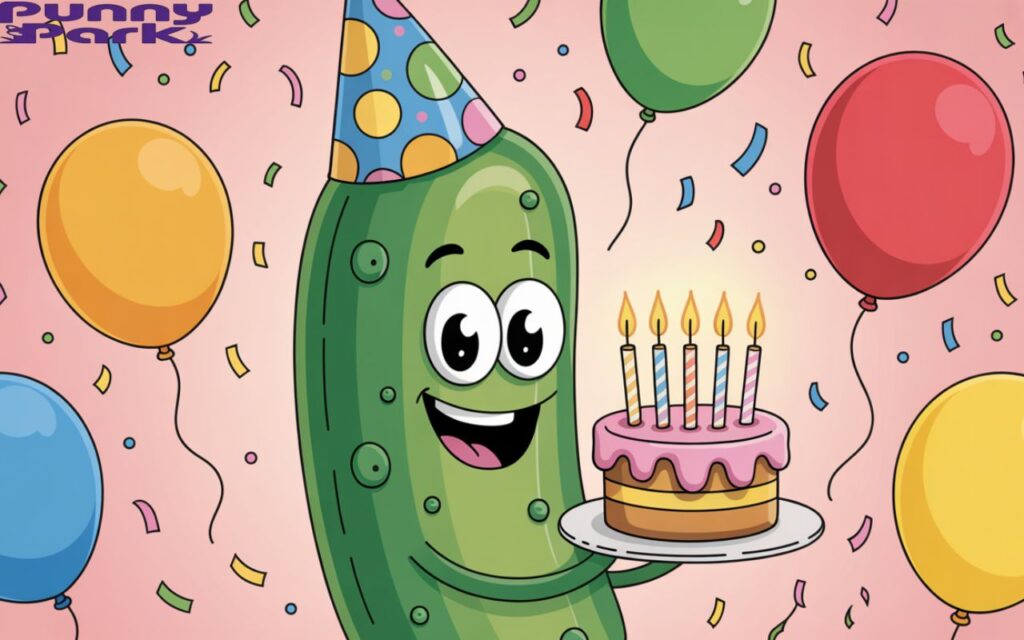 A pickle wearing a party hat. The pickle is smiling broadly and holding a birthday cake with candles. Around the pickle are numerous brightly colored balloons, along with shimmering confetti.