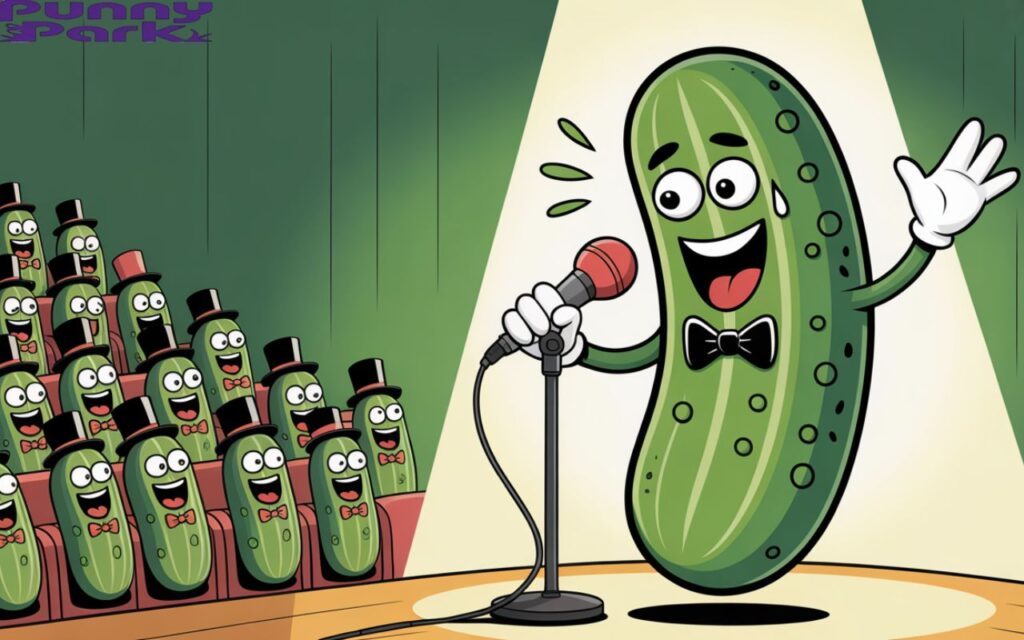 A pickle comedian mid performance on a brightly lit stage. The pickle, wearing a tiny black bow tie and a red microphone. An audience of various sized pickles, adorned with tiny top hats and bow ties, fills the seats.