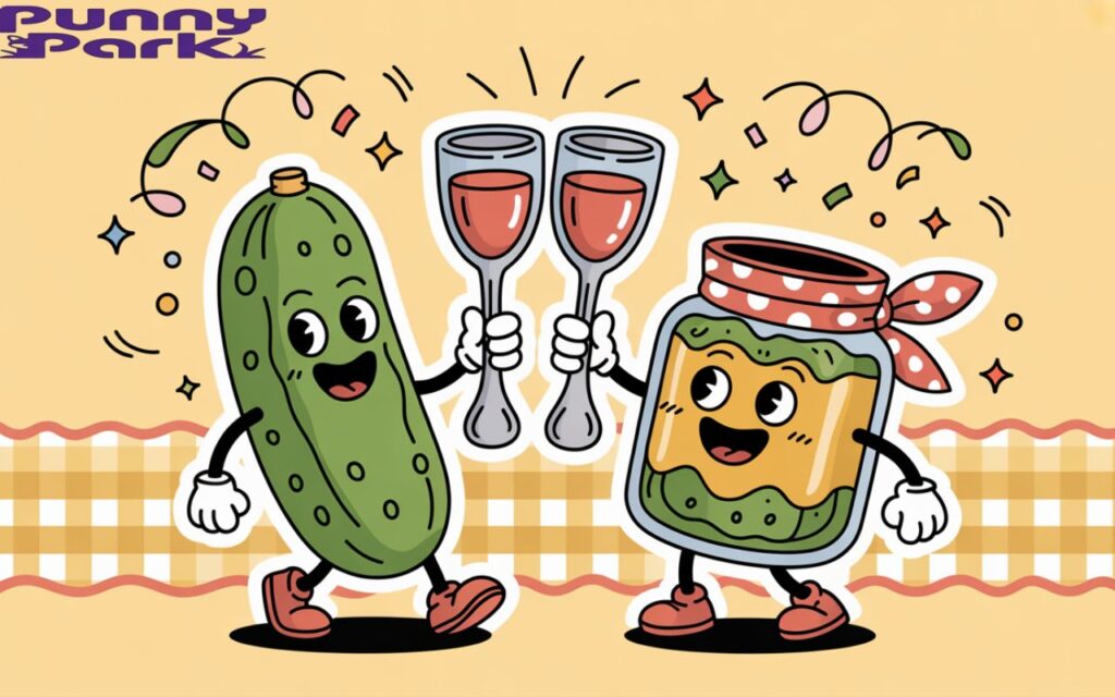 A pickle and relish jar character playfully clinking glasses together. 