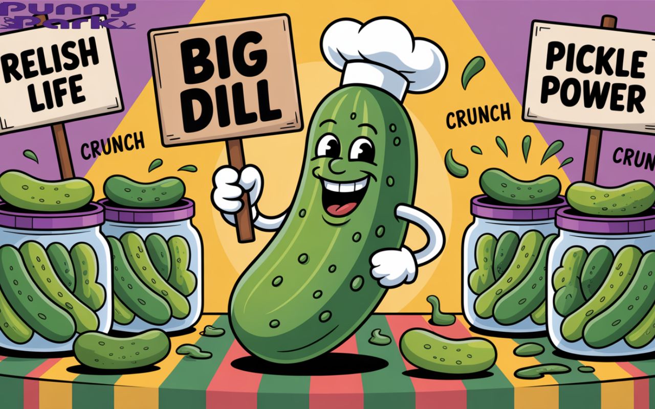 A pickle character wearing a chef's hat and holding a sign that reads "Big Dill." The pickle is surrounded by several other pickle characters also holding signs like "Relish Life" and "Pickle Power." Scattered around the character are overflowing jars of pickles.