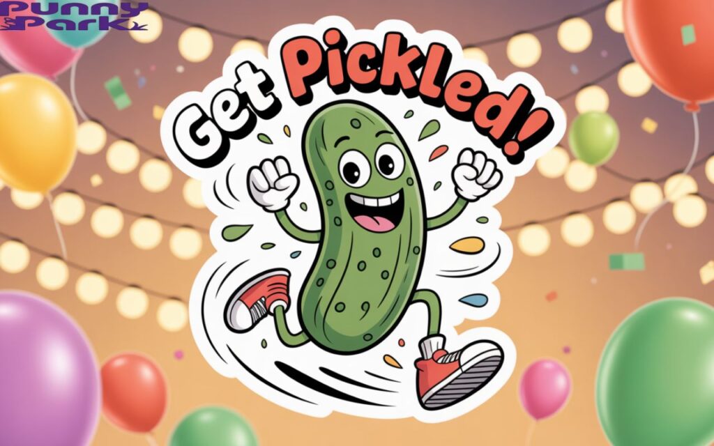 A pickle energetically dancing with enthusiasm. The pickle wears bright red sneakers. A backdrop of pastel colored balloons and confetti. The words “Get Pickled!” are written above the pickle/