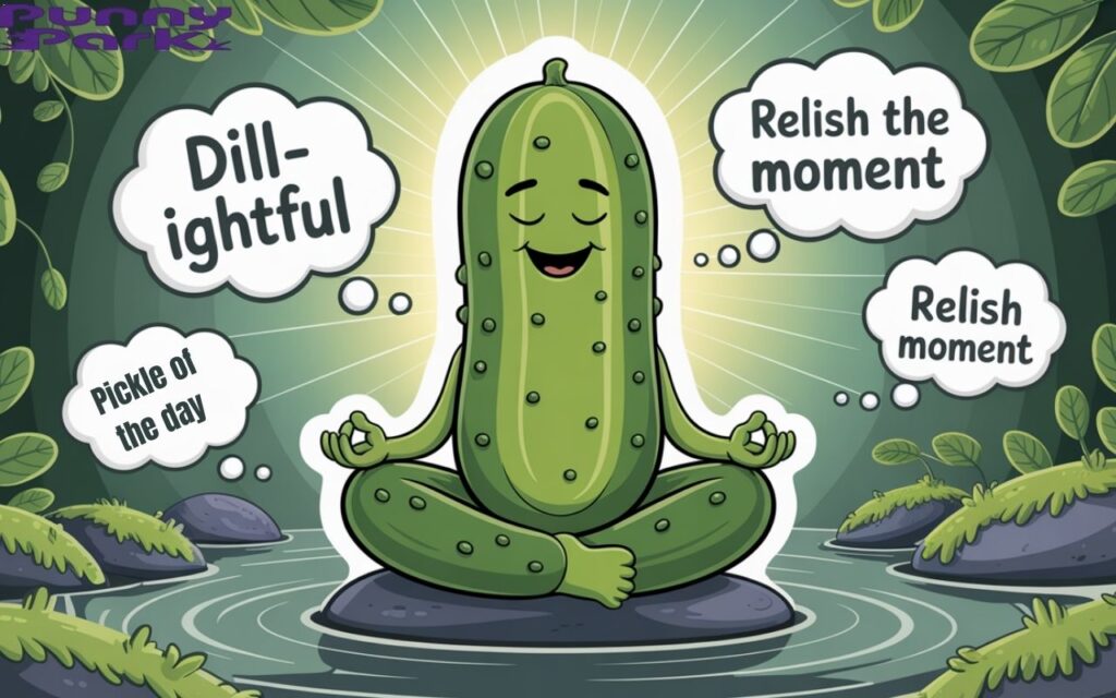 A pickle meditating in a serene lotus pose, gently glowing with vibrant green energy. Surrounding the pickle are several transparent,  thought bubbles containing puns like "Dill-ightful" and "Relish the Moment".