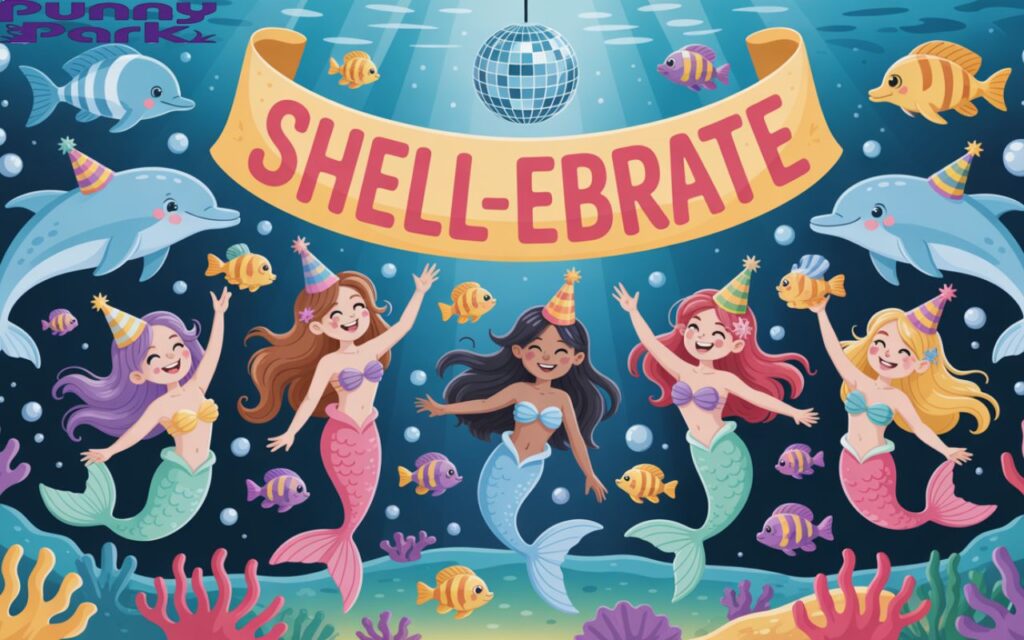 A vibrant cartoon-style underwater party with mermaids dancing, and sea creatures wearing party hats. There are glitters, bubbles, a floating “Shell-ebrate” banner, and an ocean disco ball for a fun, festive vibe.