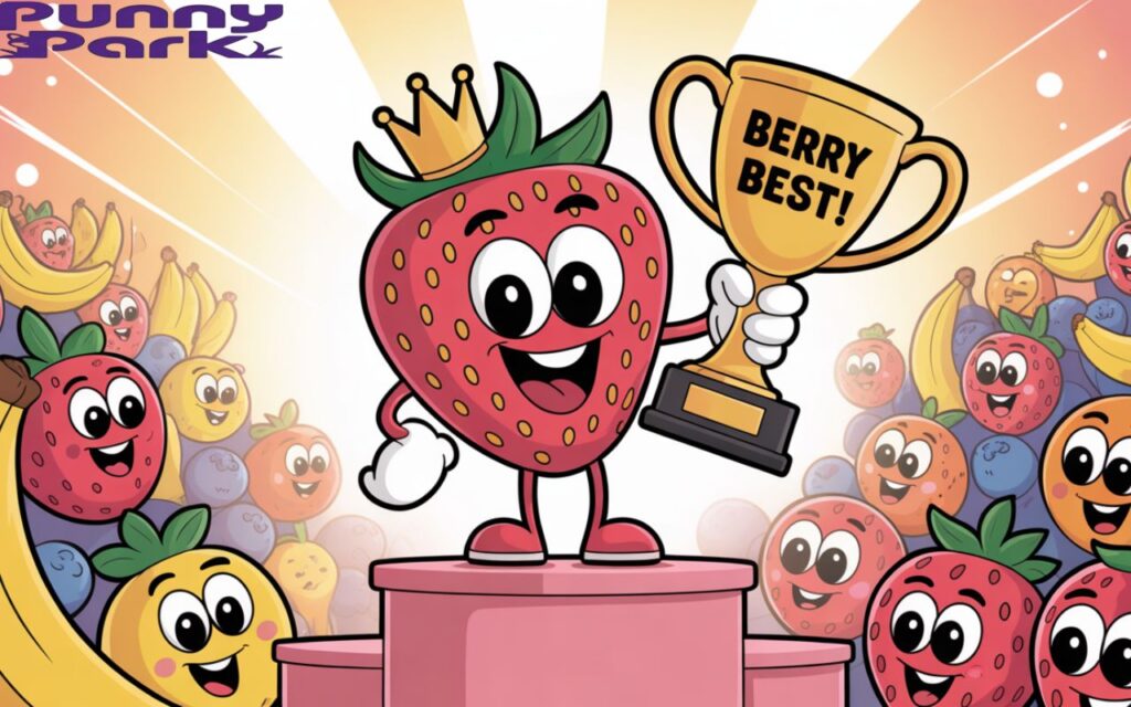 A cheerful strawberry proudly standing atop a winner’s podium, beaming with excitement. The strawberry wears a tiny crown and clutches a gleaming gold trophy inscribed with "“Berry Best!”". A lively crowd of various fruits cheers and claps, filling the background with a joyful energy.