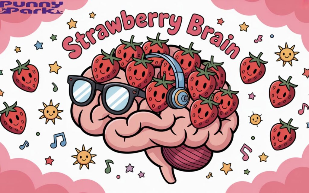 A human brain rendered in soft pastel colors, filled with strawberries instead of neural pathways. Brain wear glasses and headphones, playfully scattered amongst the larger group. The background consists of fluffy pink clouds and doodles of stars, musical notes, and smiling suns. The text "STRAWBERRY BRAIN" appears at the top of the image.