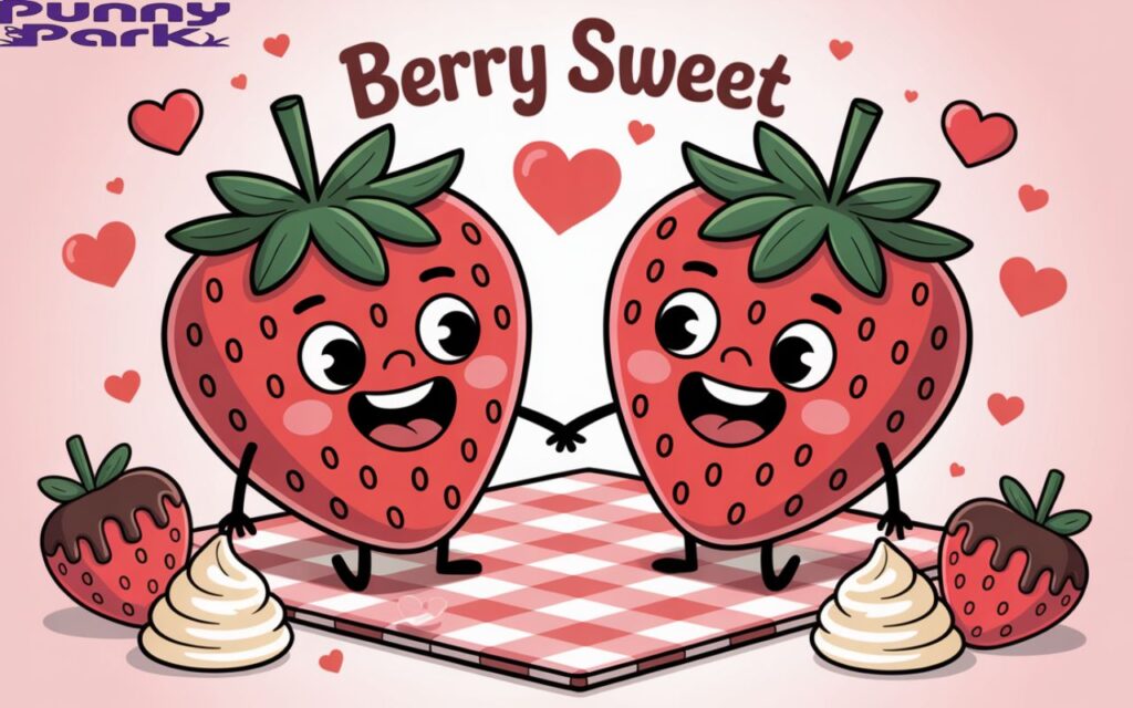 Two smiling cartoon strawberry holding hands on a romantic picnic, surrounded by hearts, whipped cream, and chocolate drizzle.