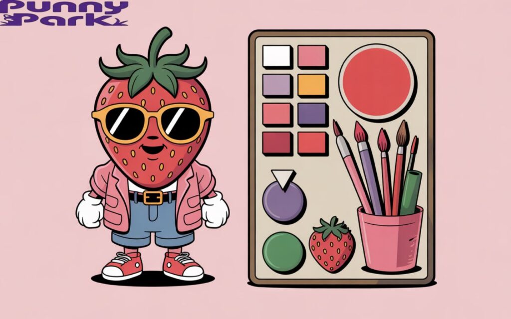 A stylish cartoon fruit wearing sunglasses and vintage clothes, standing next to a mood board filled with art supplies.