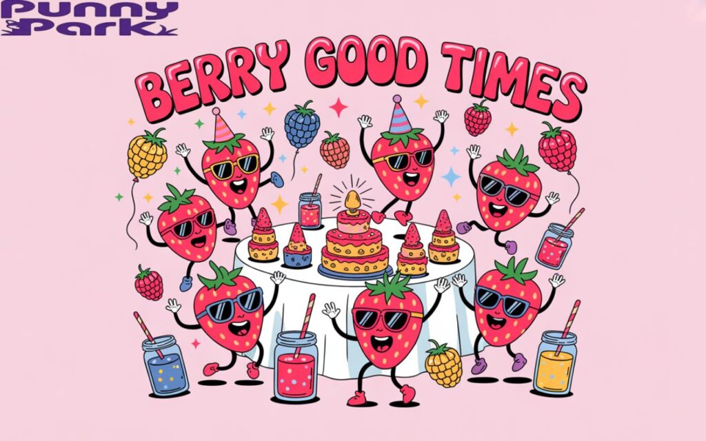 A group of strawberries throwing a party. Some strawberries are dressed in tiny party hats and sunglasses, dancing energetically around a central table laden with shortcake towers. Jam jars filled with colorful juices act as celebratory drinks, while berry shaped balloons float cheerfully in the background. The text “Berry Good Times” is displayed above the dancing strawberries.