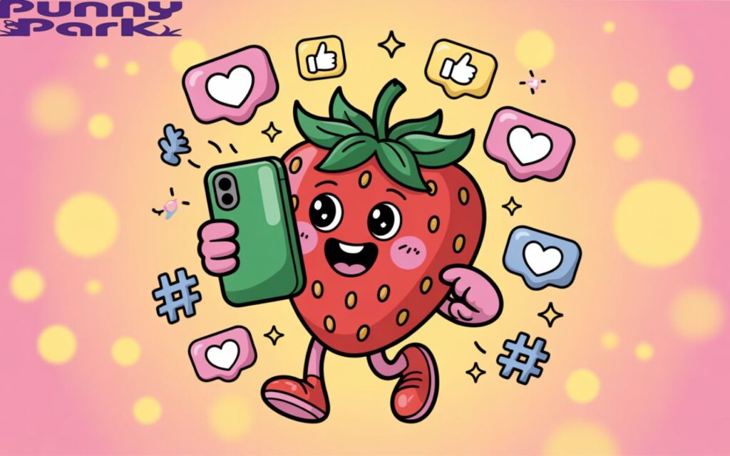 A cute cartoon strawberry taking selfies with a phone shaped like a leaf, surrounded by floating social media icons like hearts, thumbs up, and hashtags.