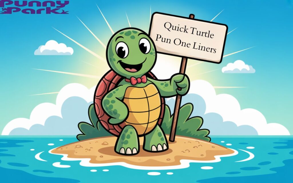 A turtle standing on a small island. The turtle is wearing a bow tie, confidently holding a signboard that reads “quick turtle pun one liners”. 