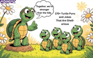 An old turtle wearing spectacles, standing on a small moss-covered hillock, and gesturing with a flipper as if telling a story. He is cheerfully delivering a lesson, "Together, we’re stronger than the tide" to the four younger turtles.