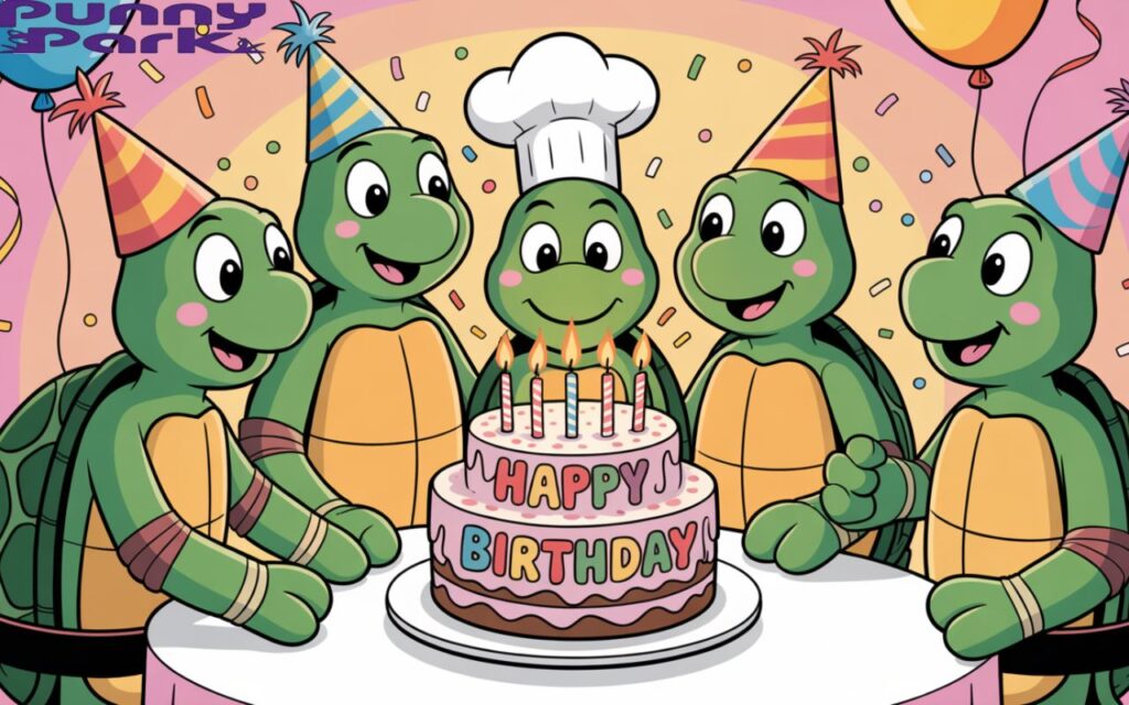A birthday party featuring several turtles. The turtles are gathered around a layered cake decorated with colorful sprinkles and candles.  The letters "HAPPY BIRTHDAY" is also written on the cake. The surrounding turtles wear various patterned party hats.