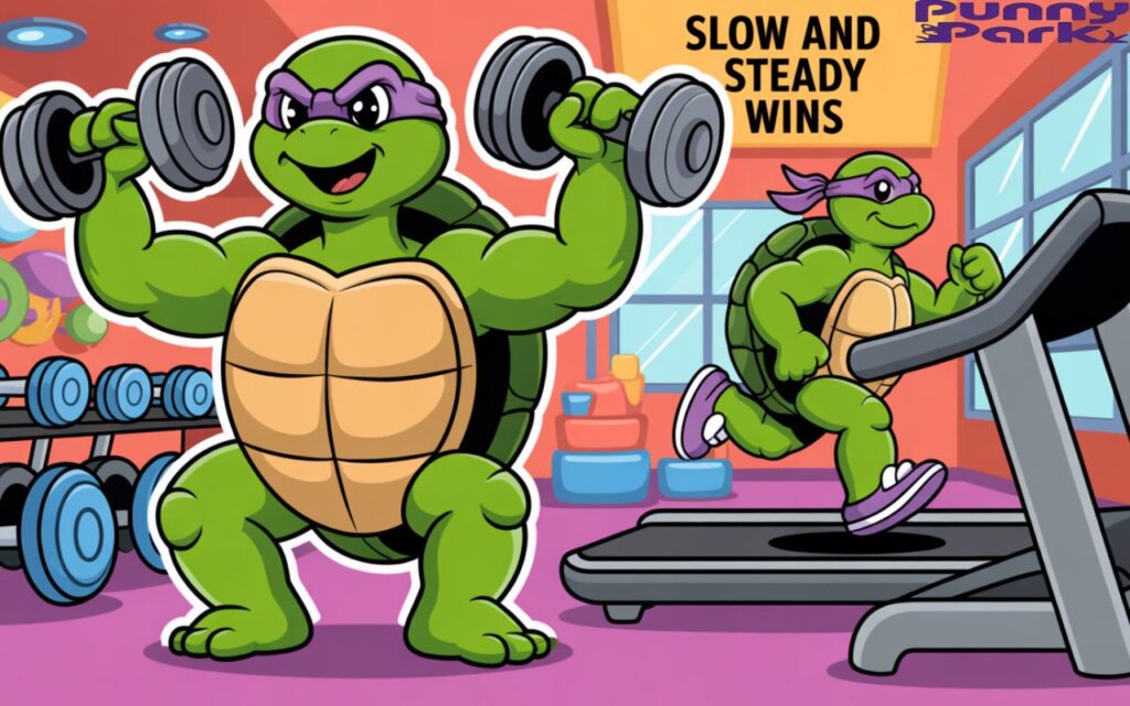 A turtle lifting dumbbells at a gym. The turtle is muscular. In the background, another turtle jogs on a treadmill, and a motivational poster proclaims "Slow and Steady Wins" above them.