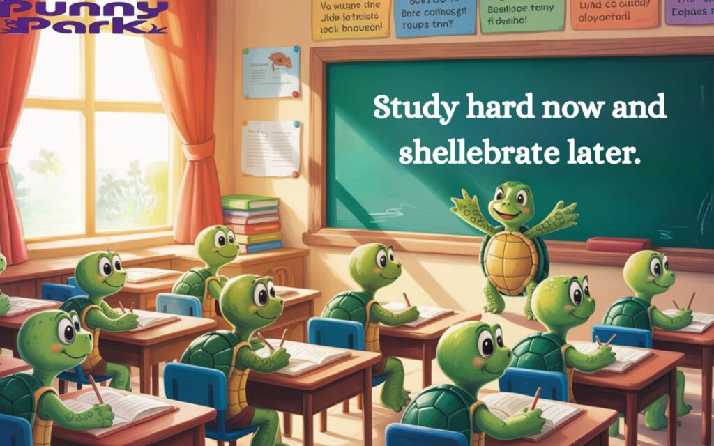 A brightly lit classroom filled with small turtles studying at miniature desks. One turtle stands at a chalkboard writen with "Study hard now and shellebrate later." The classroom is decorated with colorful educational posters and filled with stacks of tiny books.