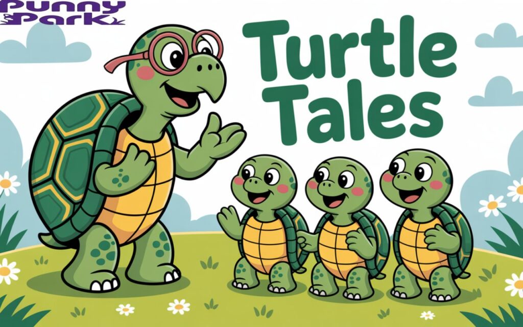 A vibrant cartoon illustration shows "Turtle Tales" featuring an old turtle with spectacles. The turtle addresses  three smaller turtles with delighted expressions. 