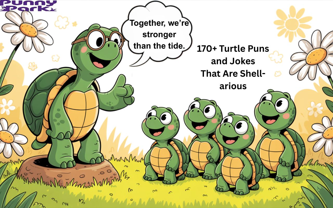 An old turtle wearing spectacles, standing on a small moss-covered hillock, and gesturing with a flipper as if telling a story. He is cheerfully delivering a lesson, "Together, we’re stronger than the tide" to the four younger turtles.