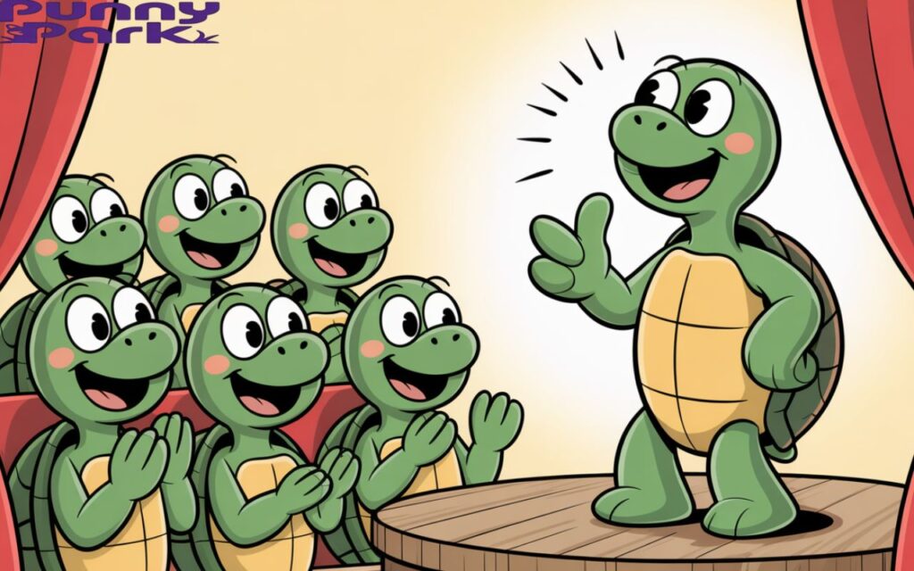 A turtle standing like a comedian on stage while several turtles in the audience laugh and clap.