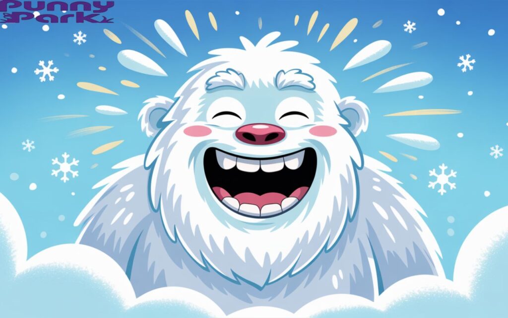 A yeti overcome with laughter. The yeti has a wide, toothy grin, rosy cheeks, and a playful twinkle in his eyes, with snowflakes.