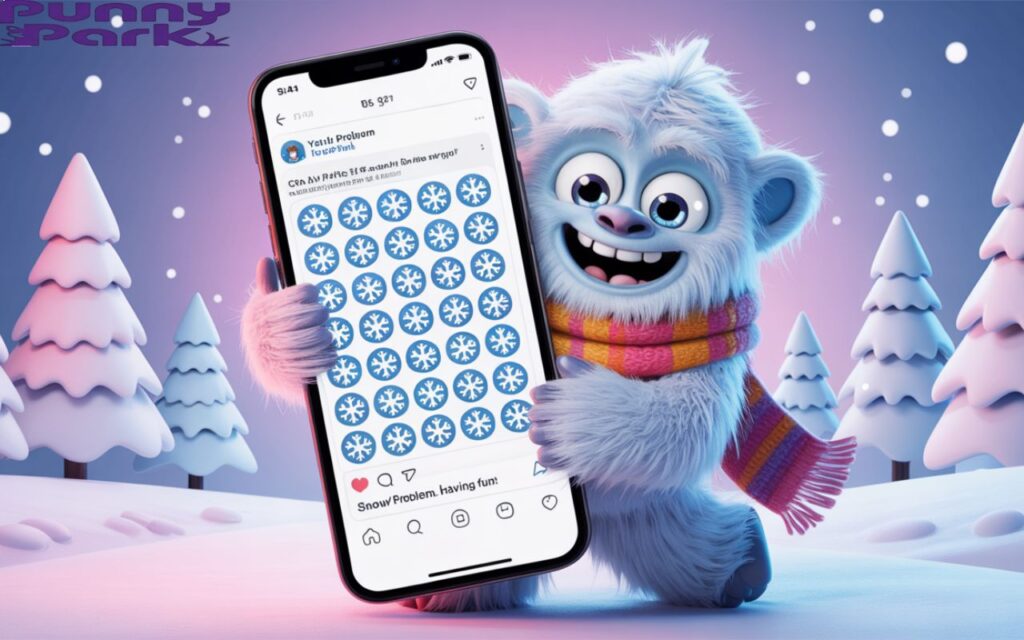 A yeti, playfully holding a giant smartphone. The yeti is wearing a oversized scarf. The smartphone screen displays a social media post filled with numerous snowflake emojis and the caption "Snow Problem, Having Fun!”