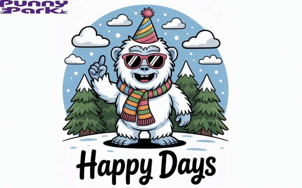 The yeti is wearing a party hat, stylish sunglasses, and a cozy striped scarf. It stands confidently against a backdrop of evergreen trees and a clear blue sky with fluffy white clouds, illuminated by warm, gentle sunlight. Below the yeti, the phrase "Happy Days" is written.