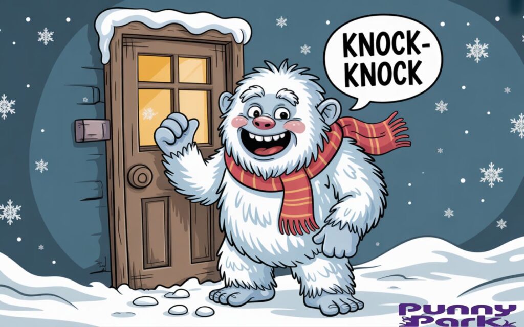 A snowy creature standing before a wooden door, knocking and giggling. He is wearing a red scarf wrapped around his neck. A speech bubble above his head displays the text "Knock-knock" in a friendly font