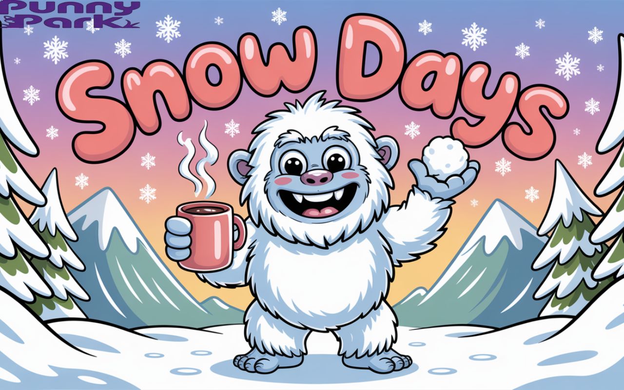 A yeti with a friendly smile, holding a mug of hot cocoa in his hand and a snowball in his left. Behind him, frosted pine trees frame snow capped mountains under a soft blue sky filled with swirling snowflakes, while the text "SNOW DAYS" appears in rounded, cheerful lettering across the top.