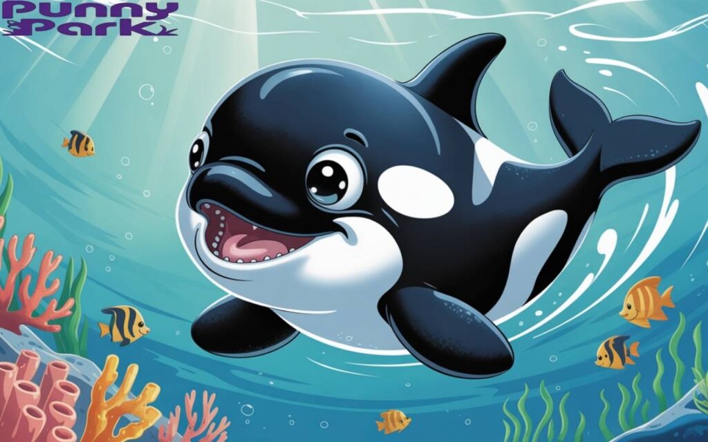 A cartoon baby orca playfully swimming through the ocean. The orca has sparkling eyes and a friendly smile. Gentle currents swirl around the orca as it swims past the colorful fishes.