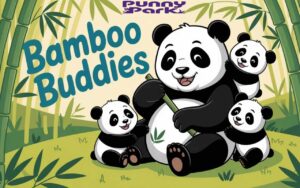 A large panda, sits on the ground, happily holding a bamboo, while smaller pandas playfully hug around it. The background features green bamboo stalks with the phrase "Bamboo Buddies" playfully written in a rounded, light blue text.
