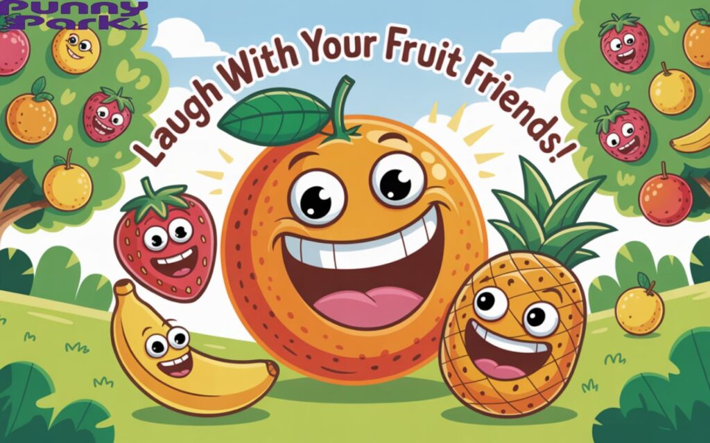 An orange surrounded by its fruity friend. The orange is plump and round, interacting with a smiling strawberry, a cheerful banana, and a giggling pineapple. The background showcases lush green trees.