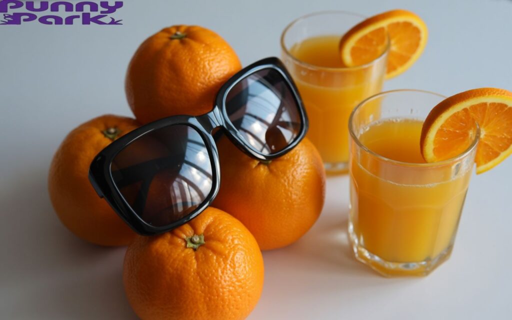 A photograph of ripe oranges, juice glasses, and trendy sunglasses, styled for a social media post aesthetic.