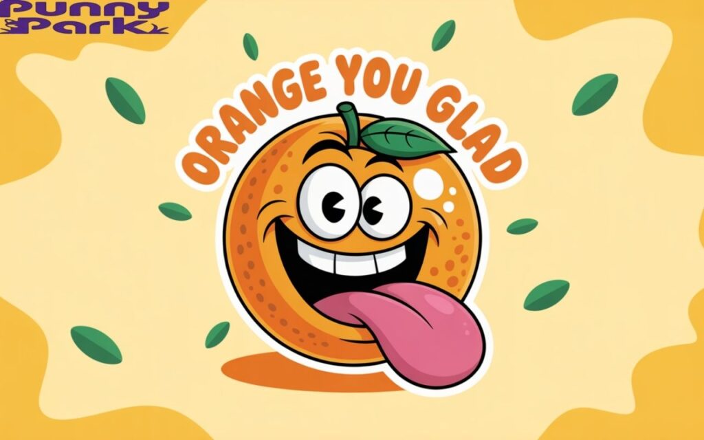A cheerful orange with an exaggeratedly silly expression. The orange has wide, bulging eyes, a comically oversized tongue sticking out, and a bright, mischievous grin, while the text “Orange You Glad” appears playfully curved above its head.