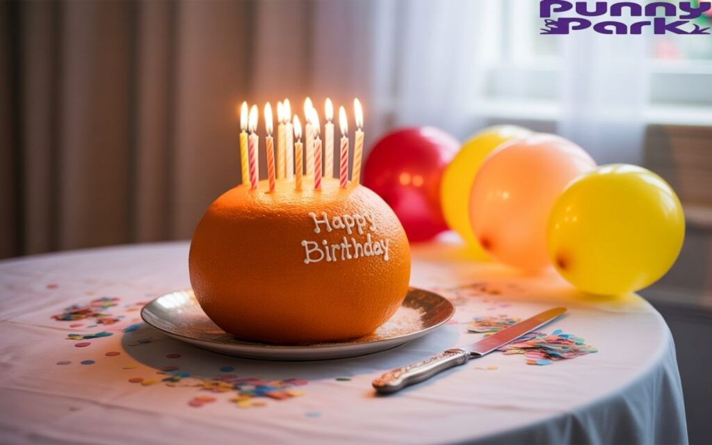 A photograph of a orange birthday cake shaped like an actual orange, with few lit candles flickering on top. The cake sits on a white tablecloth, surrounded by a scattering of colorful confetti and few balloons. A silver cake knife rests beside the cake, poised as if ready to cut into "Happy Birthday" frosted on the cake’s side.