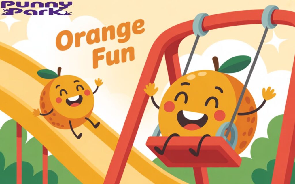 Two oranges joyfully playing on a brightly colored playground. The oranges are round and vibrant, with wide, friendly smiles and rosy cheeks, happily swinging back and forth on a red swing and yellow slide, with the text "Orange Fun" appearing above the playground.