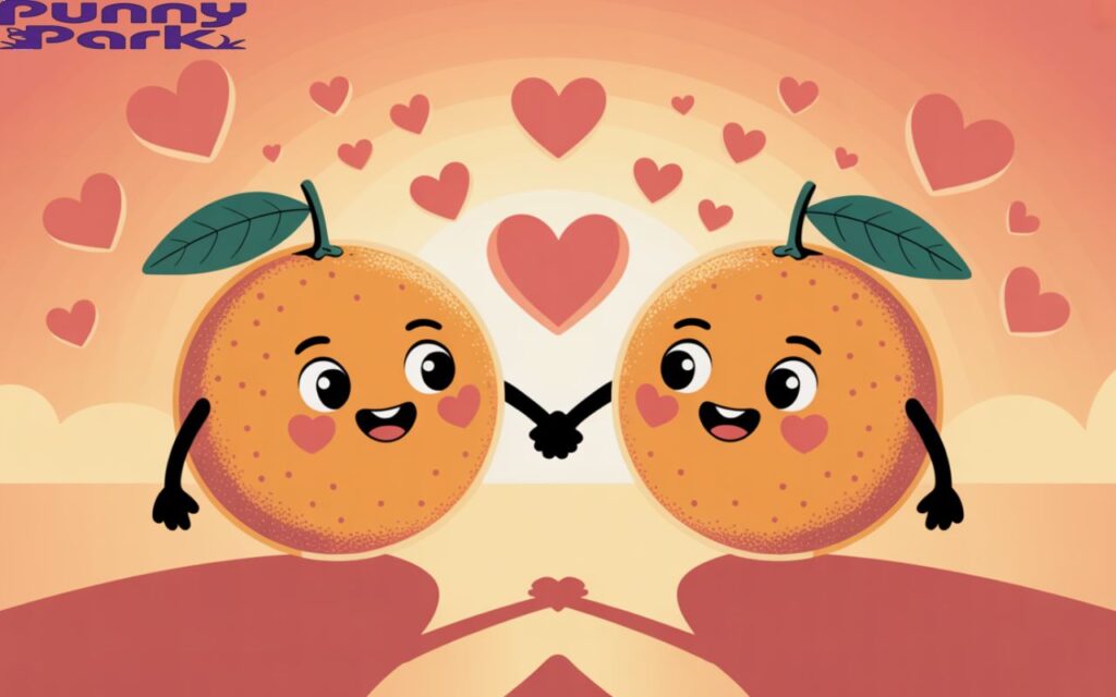 Two oranges gently holding hands against a backdrop of a romantic sunset. The oranges with rosy cheeks and cheerful smiles, their smooth, textured skins glowing with a warm, orange hue.