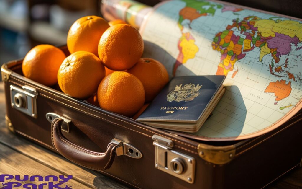 A vintage leather suitcase filled with oranges, a passport, and a map. 