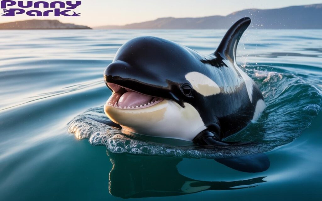 The killer whale is playfully swimming in the water of ocean. It is smiling revealing a row of tiny teeth. Sunlight glints off its skin as it swims toward the viewer, kicking up a swirl of bubbles around its body.