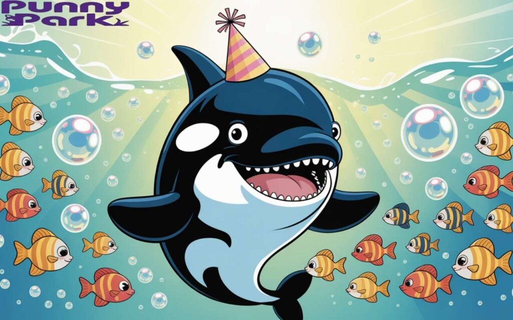 A cartoon orca celebrating with an array of aquatic friends. The orca is wearing a party hat on top of its head. Surrounding the orca are numerous bubbles and colorful fishes.