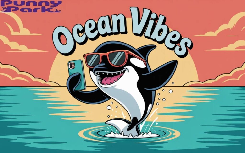 An orca leaping dramatically from water.. The orca is wearing a sunglasses while holding a smartphone in one flipper, striking a confident pose for a selfie. Behind the orca, the sunset paints the sky, while the phrase "Ocean Vibes" is displayed above the orca.