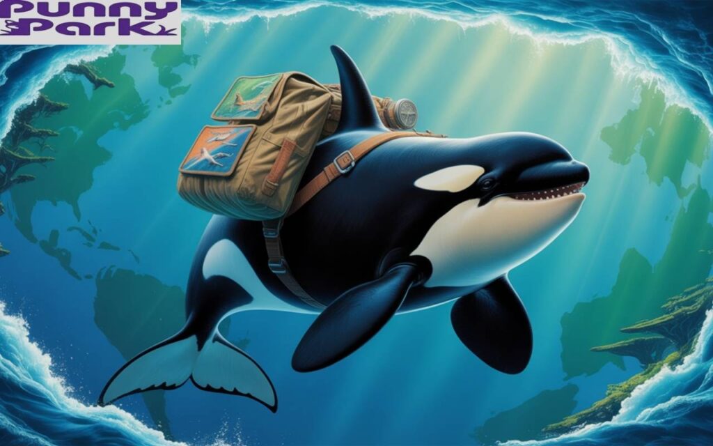 A large orca swimming across a swirling ocean that resembles a giant blue and green globe. The orca has a weathered, brown canvas backpack strapped securely to its back.