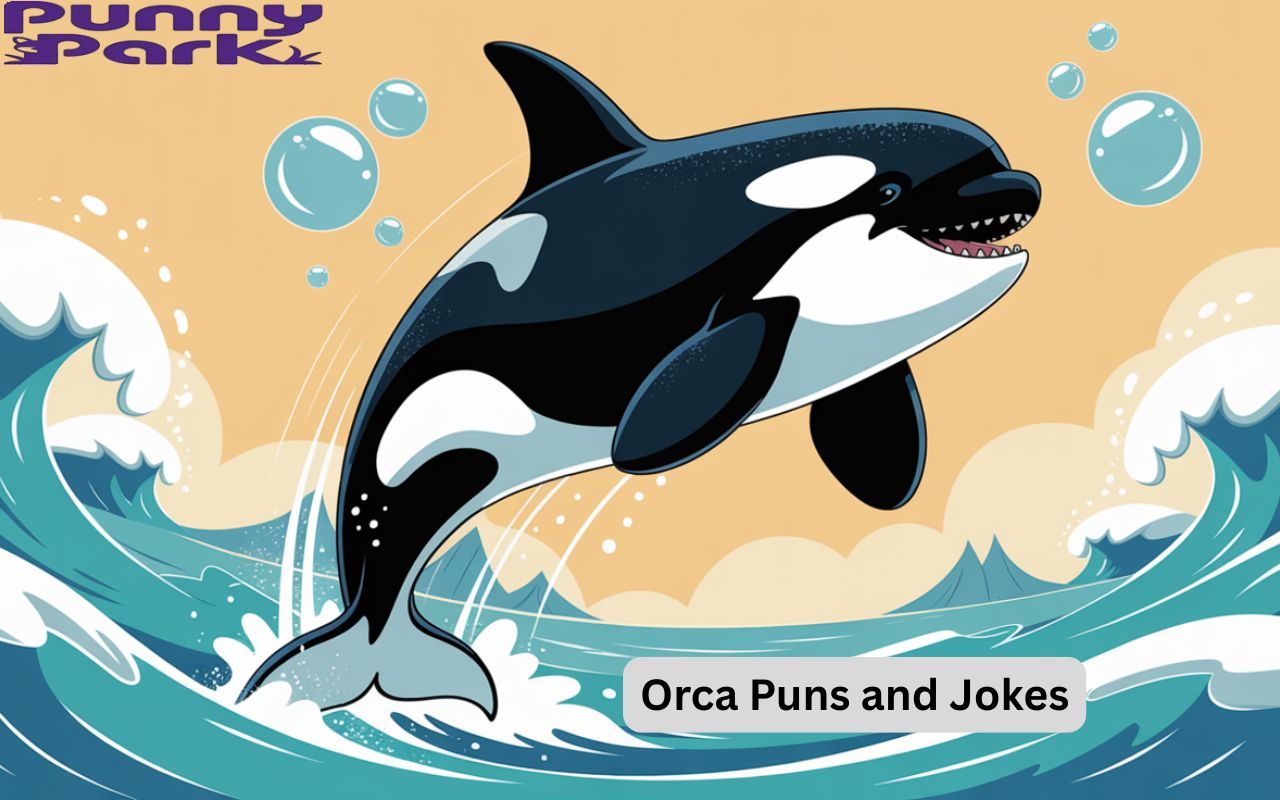 An orca leaping dramatically from ocean waters. Bubbles float around the orca as waves crash gently in the background, lit by a warm, inviting sunlight.