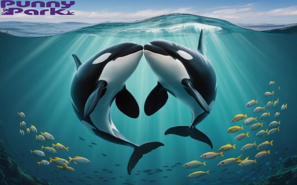 Two orcas swimming in the turquoise waters of the ocean. The orcas are positioned close together. Sunlight streams through the water, illuminating the orcas while few vibrant tropical fish swims gently around them.