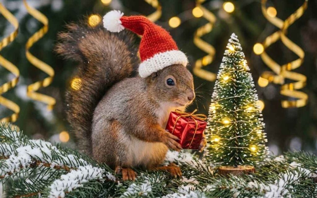 A cute squirrel wearing a knitted Santa hat, holding a small red wrapped gift on a snowy pine branch next to a miniature lighted Christmas tree, with festive golden streamers in the background.