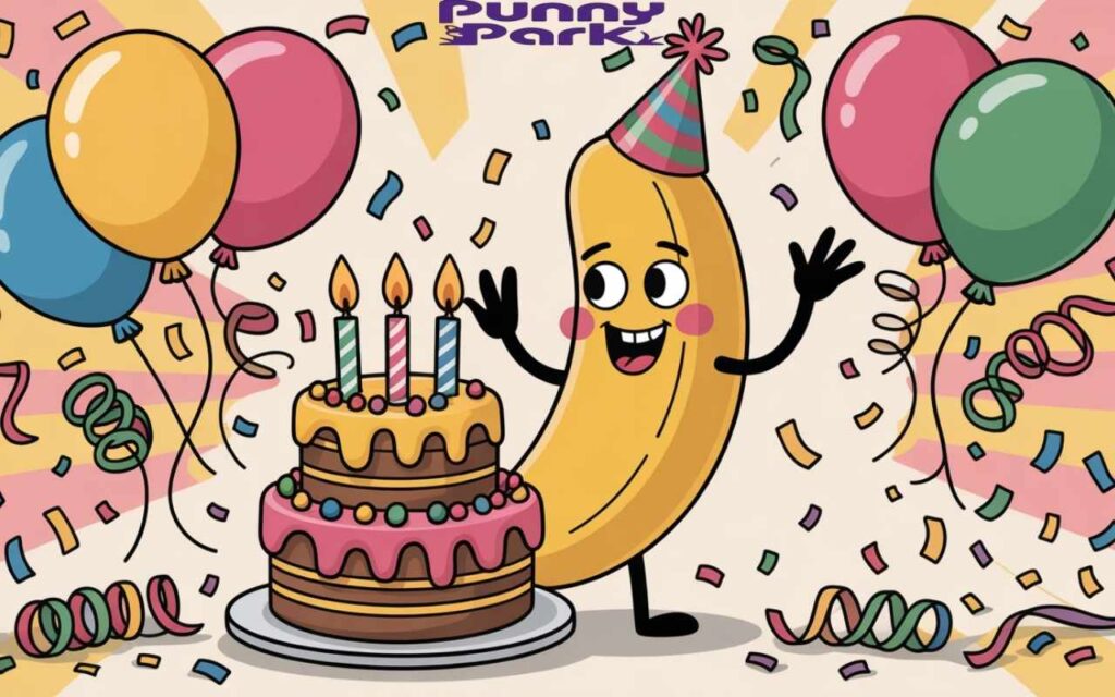 A banana character wearing a party hat, standing beside a birthday cake. Confetti and ballons in various shapes and colors cascades through the air.